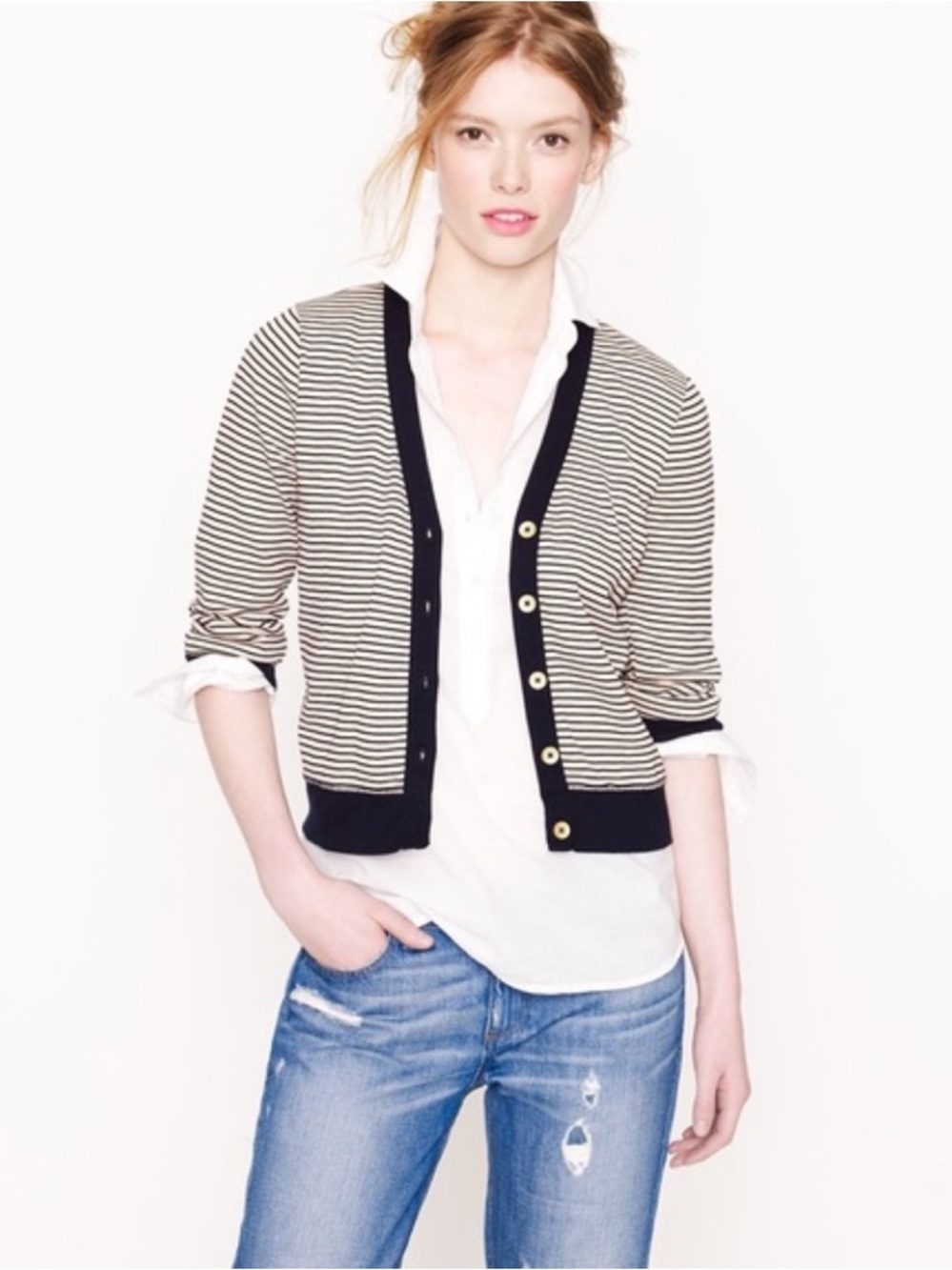 J Crew Perfect Fit Striped Cardigan Small Navy Tan Gold Button Classic